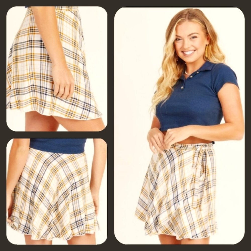 Altar'd State Sz Small Plaid Wrap Skirt Fall Navy Gold Golf Urban Outfitters Med